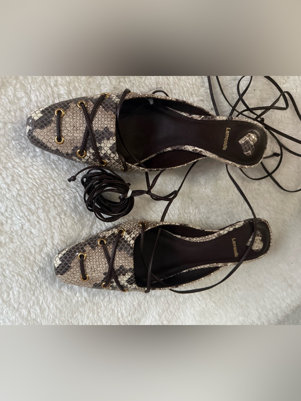 Larroude Brown and Cream Snakeskin Pointed Lace-Up Flats